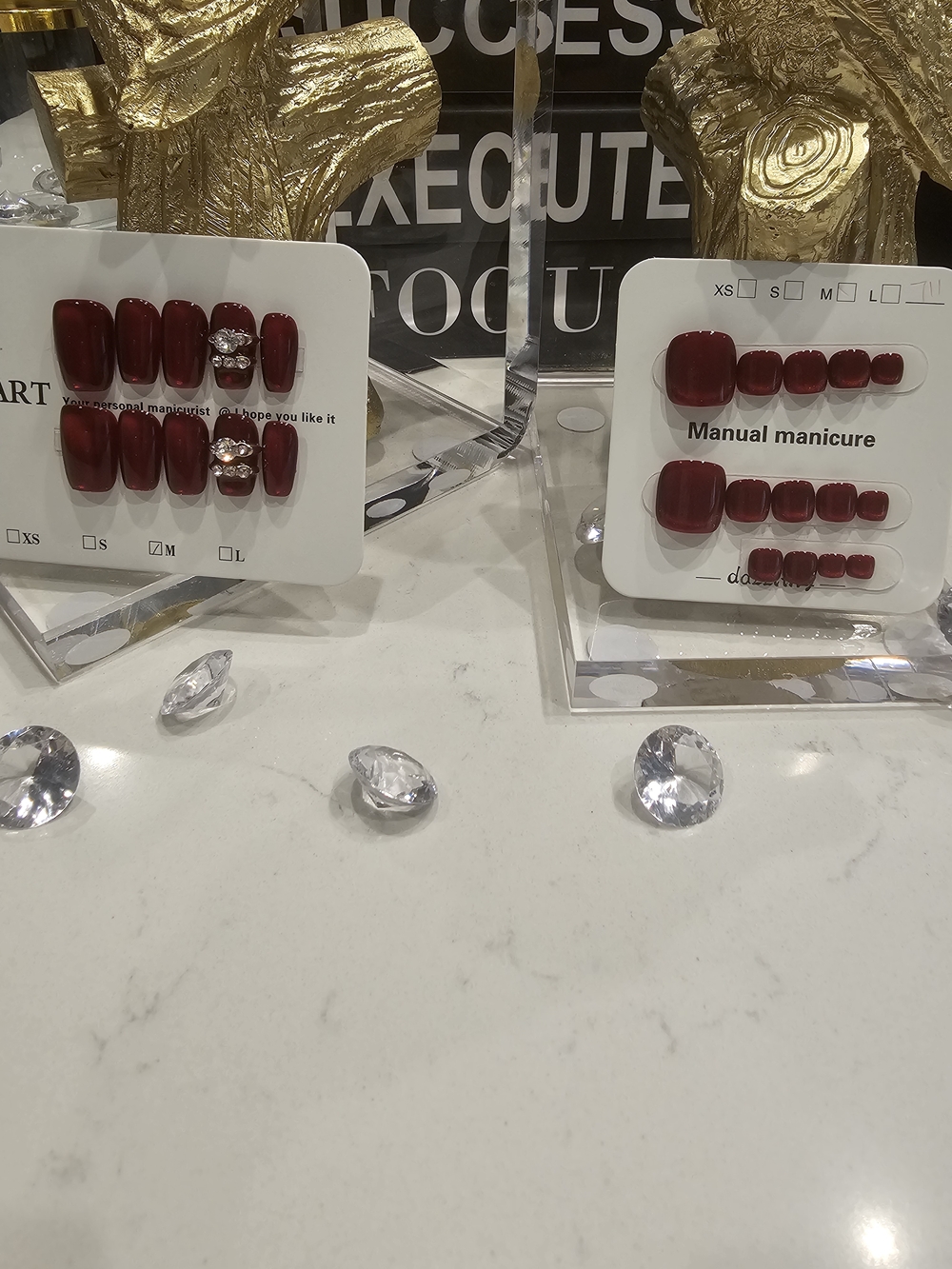 Elegant Deep Red Press-On Nails with Accent Gems, Manicure & Pedicure In One.